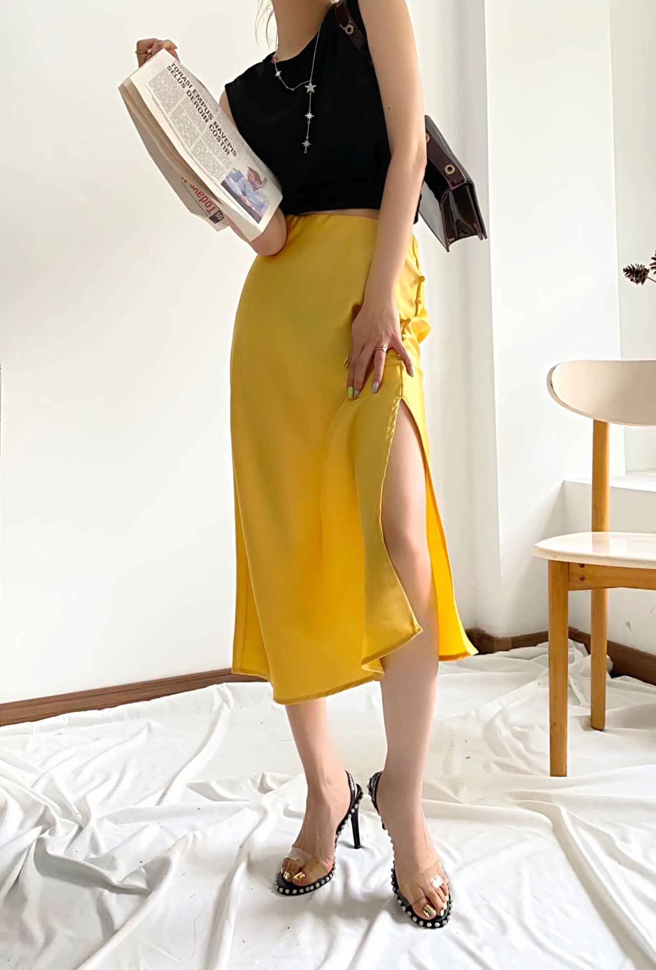 new pure color fashion spring satin buttons skirt  NSAM56873