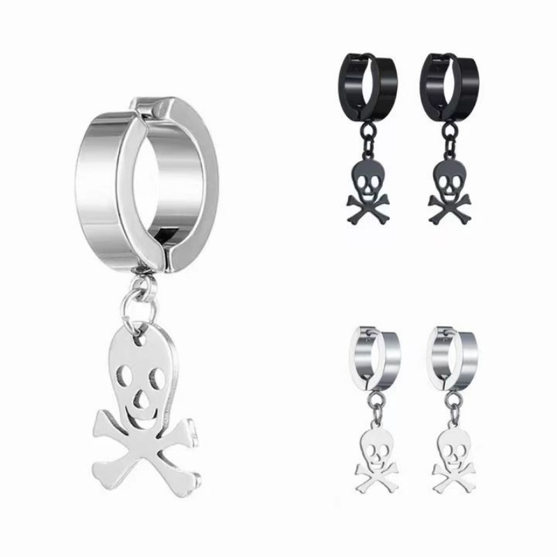 亚马逊电商优品耳骨扣手抛骷髅头耳扣钛钢朋克耳钉不锈钢潮男耳环