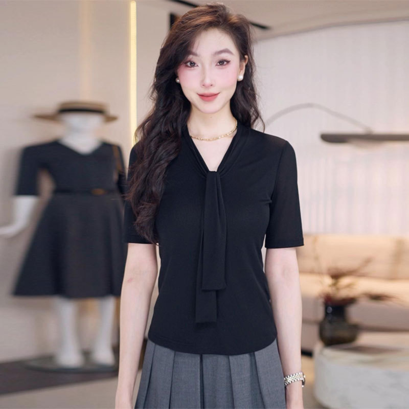 Same Style as in the Mall, New Spring/Summer Versatile Tie-Neck Elastic Mesh Breathable Flutter Collar Top T-Shirt 130159