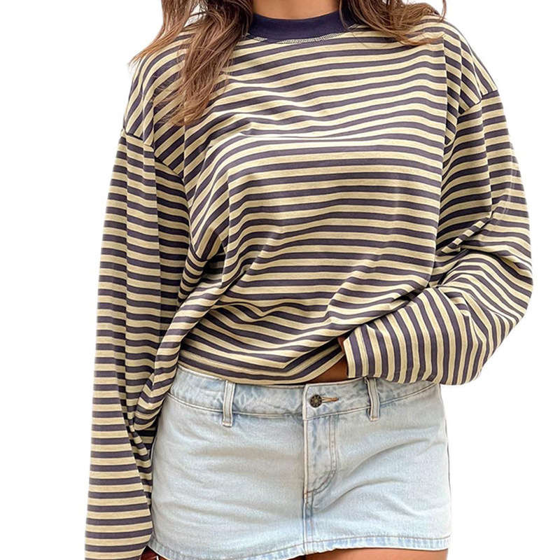Full of Vitality ~ Contrast Color Round Neck Lazy Round Neck Cotton Long-Sleeved Stripesd T-Shirt Women's New 2025 Spring and Summer Loose