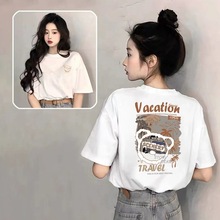 欧货t恤2025新款落肩宽松短袖显瘦卡通chic港味奶系盐系上衣女潮