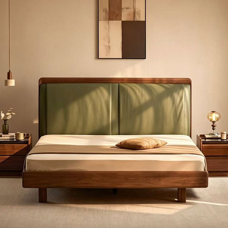 North American Black Walnut Solid Wood Green Leather Soft-Upholstered Bed, Vintage Bedroom Double Bed, Nordic Minimalist Master Bedroom Large Bed
