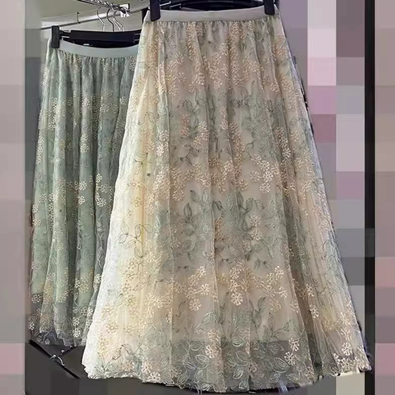 Кружевная юбка с вышивкой, лето 2021, новый стиль, французская тонкая двухслойная сетчатая универсальная юбка А-силуэта с высокой талией для женщин