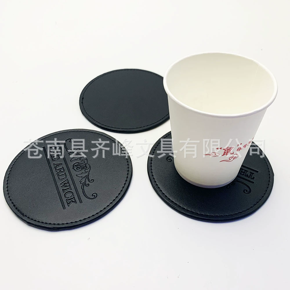 Подставка под кружку из черной кожи с тисненым логотипом на заказ, высококачественная подставка из коровьей кожи, водонепроницаемая кожаная подставка для ресторана