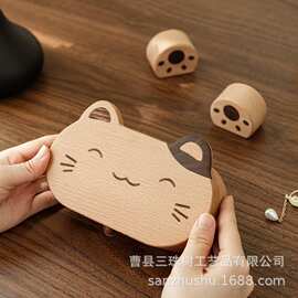 木质首饰收纳盒便携式项链戒指储物盒客厅双层可爱小猫木质饰品盒