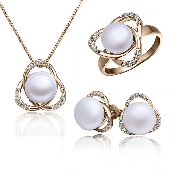 Golden earrings, necklace, ring, set, pink gold, 3 piece set