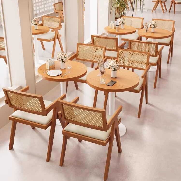原木风餐桌椅奶茶店甜品店实木藤编餐椅西餐厅日式网红店桌椅组合|undefined