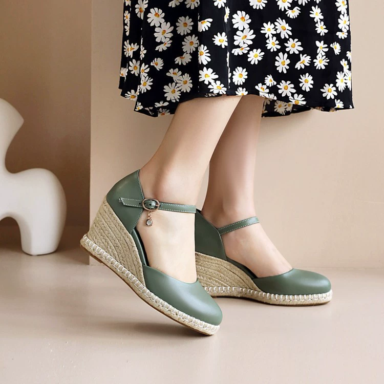 2021 весна-лето новые соломенные сандалии на толстой подошве на танкетке сандалии с полым носком женские туфли на высоком каблуке с ремешком и пряжкой