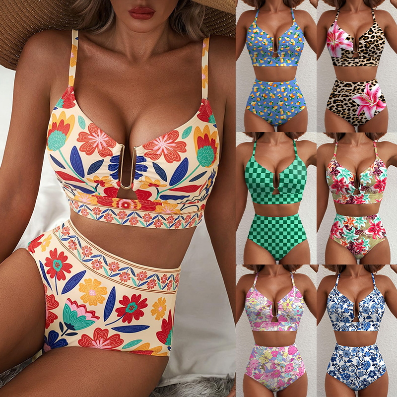 2026 Women's 2-Piece High-Waisted U-Line Bikini Set Floral Print Swimsuit with Crossed Back