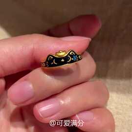 小红书新款黑金色可爱小猫戒指女小众简约元宝食指戒时尚百搭指环