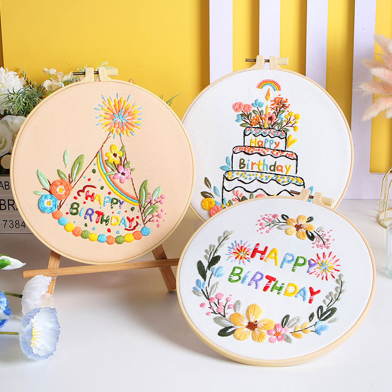Nuevo original feliz cumpleaños bordado a mano material de bricolaje paquete pastel de cumpleaños vela fuegos artificiales deseo transfronterizo