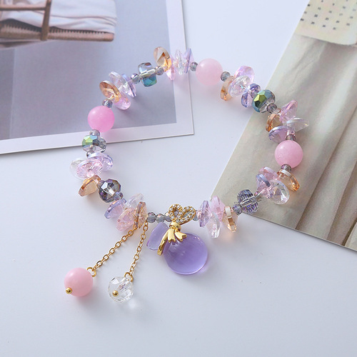 New Fresh Pink Stone Crystal Bracelet for Women, Simple Colorful Bracelet, Elastic Design Bead Jewelry Gift