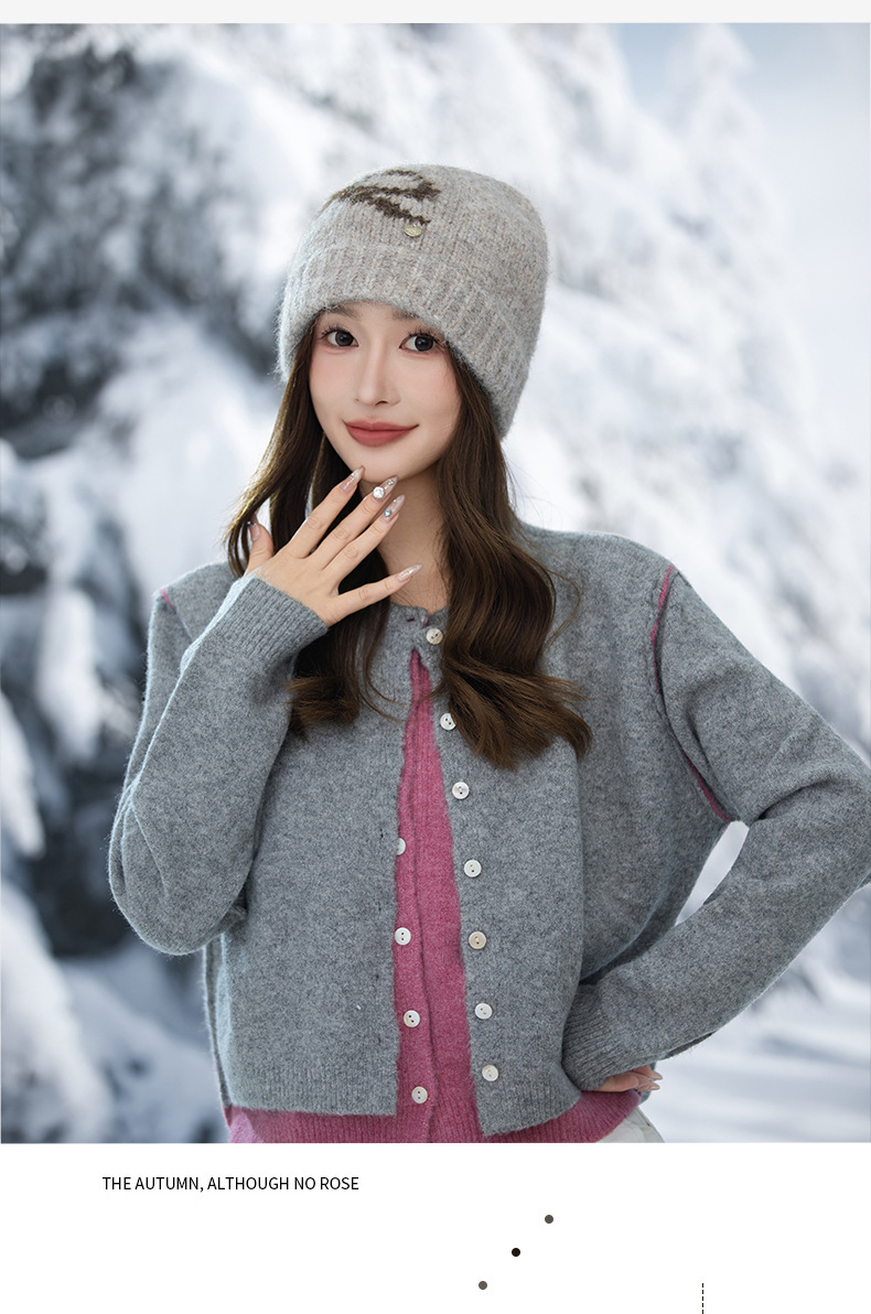 Swee Cue Bow Jacquard Knied Beanie Auumn Winer Lierary Versaile Large Head Circumference Wool Cold-proof Warm_voghion.com