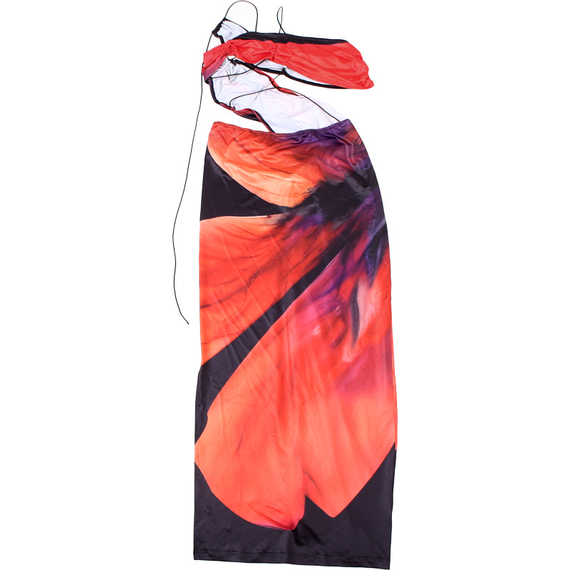 Winter Women Clothing Sexy Diagonal Collar Lace up Backless Contrast Color Split Dress