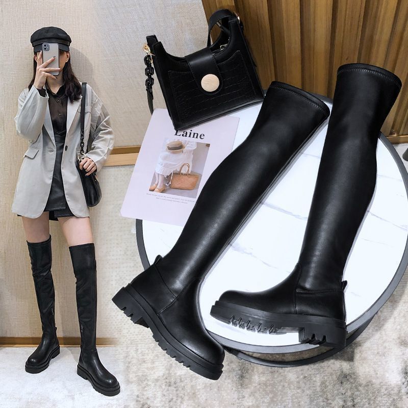 过膝长筒靴女秋冬新款弹力靴显瘦黑色增高圆头平底中跟厚底骑士靴