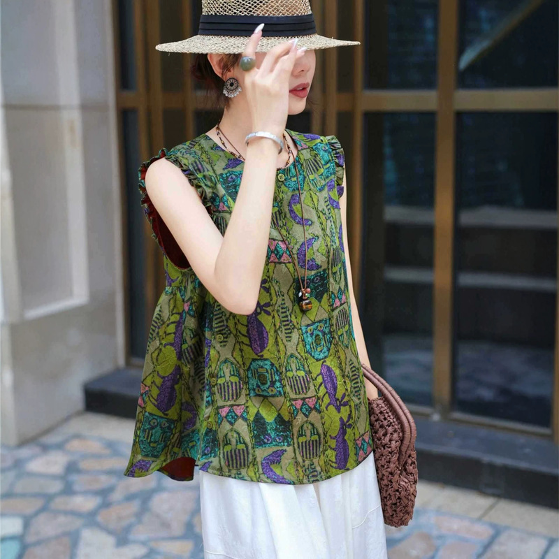 Silk Xiangyunsha Young Style Sleeveless Top for Women 2026 Summer Round Neck Loose Retro Babydoll Shirt Silk Xiangyunsha Young Style Sleeveless Top for Women 2026 Summer Round Neck Loose Retro Babydoll Shirt