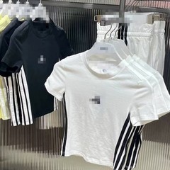 クラシックなスリーストライプス半袖レディース夏刺繍ロゴラウンドネックスリムフィットショートへそ出しコットン200グラムヘビースポーツTシャツ