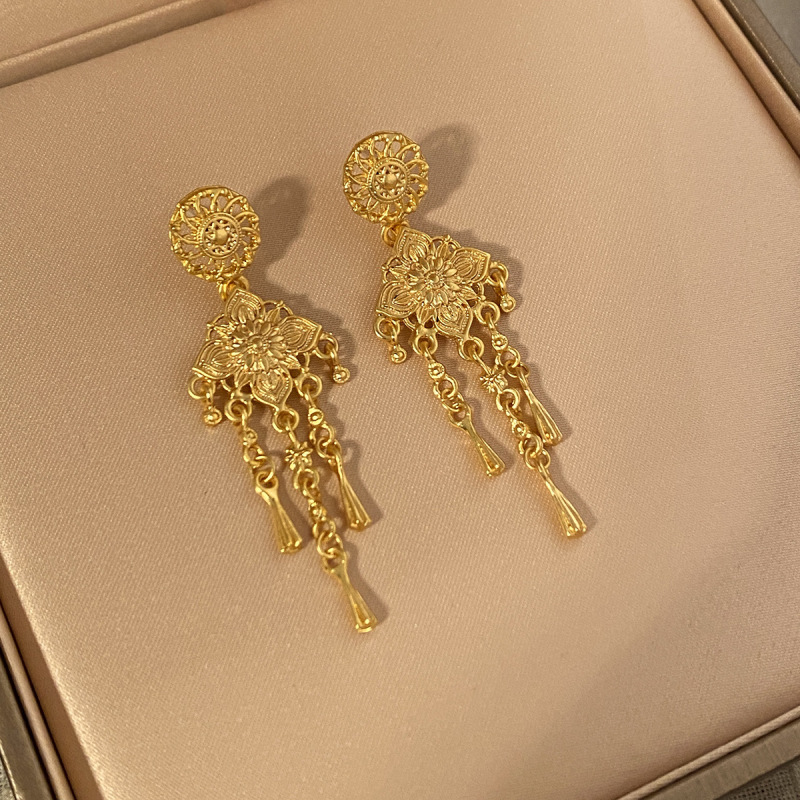 银针宝相花耳环女款复古精致百搭轻奢镂空流苏耳饰小众时尚配饰|undefined