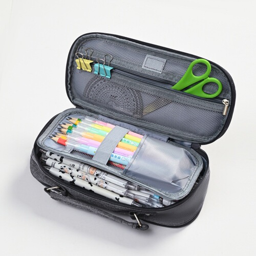 Minimalist Double-Layer Large Capacity Five-Compartment Canvas School Bag Oxford Color Pure Color Student Stationery Organizer Pencil Case