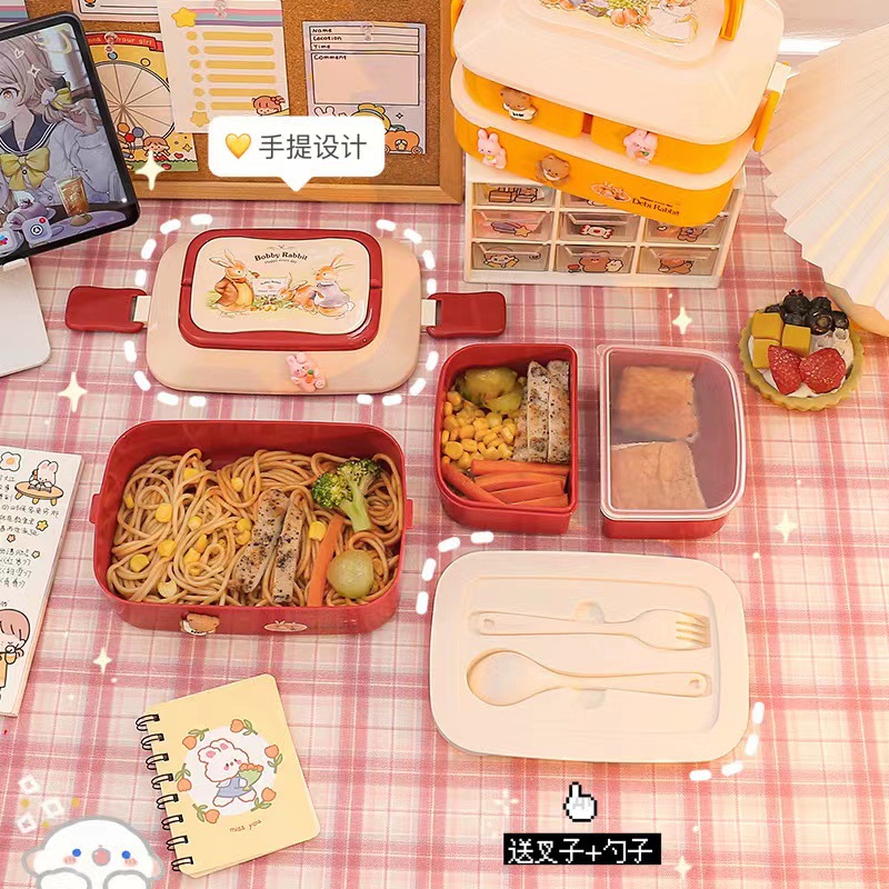 Lonchera japonesa estilo bento para estudiantes, juego de vajilla, lonchera de plástico de doble capa, lonchera apta para microondas, lonchera para estudiantes