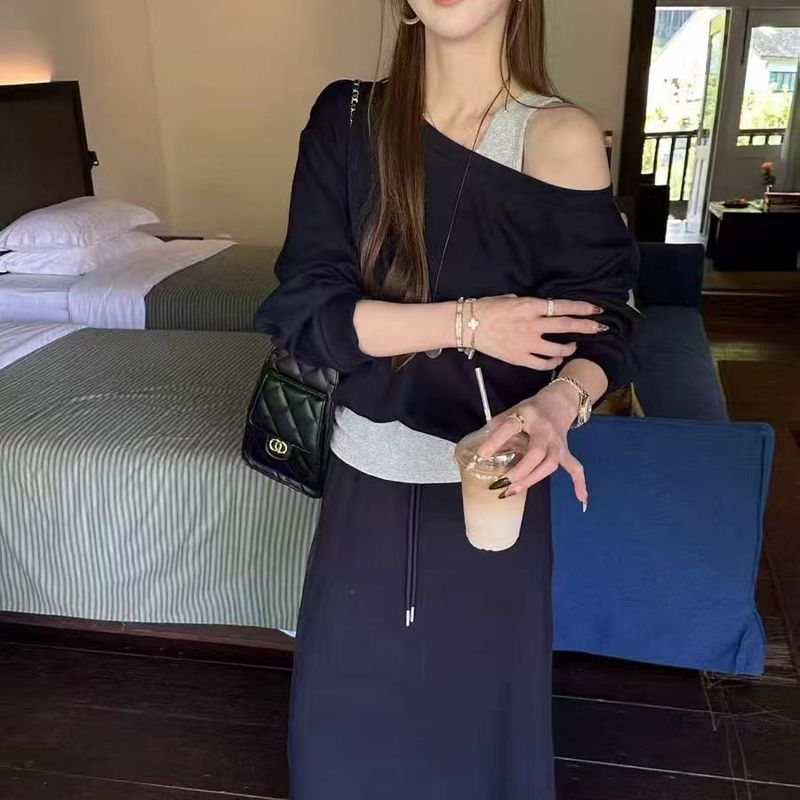 假两件露肩上衣+半身裙两件套女欧洲站2025年早秋新款时尚套装潮|undefined