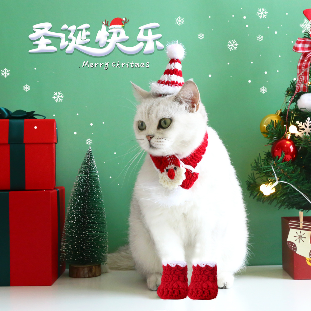 Mascota gato perro Santa árbol mano gancho de lana punto bufanda del babero sombrero calcetines Zapatos combinación traje image 3