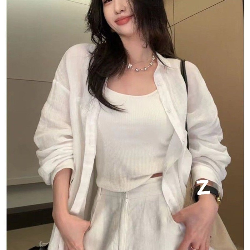 白色亚麻棉麻防晒衬衫外套女夏季薄款外搭衬衣宽松慵懒风气质上衣|undefined
