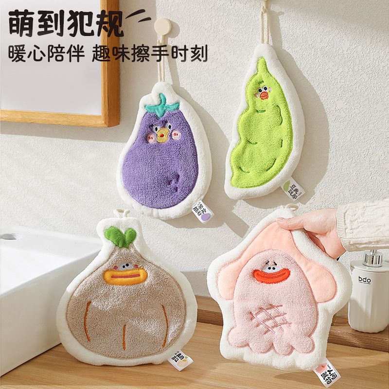 可爱卡通擦手巾悬挂式三层加厚珊瑚绒厨房卫生间擦手速干毛巾手帕