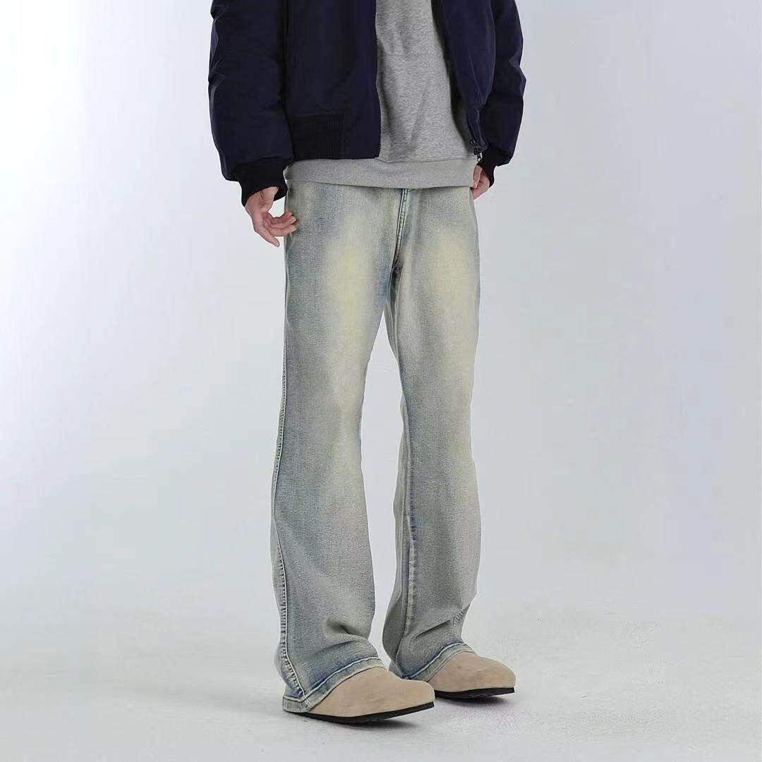 Jean droit délavé vintage avec évasement subtil – Pantalon en denim extensible (taille basse, détails peints à la main, tenue décontractée printanière, tailles M à 4XL)_voghion.com