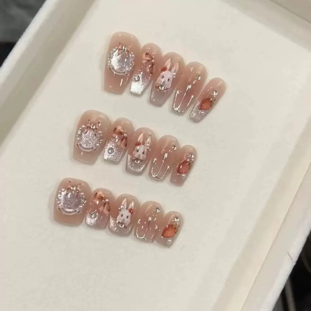纯手工光疗美甲穿戴甲洛可可兔子批发成品重复使用美甲贴片可拆卸