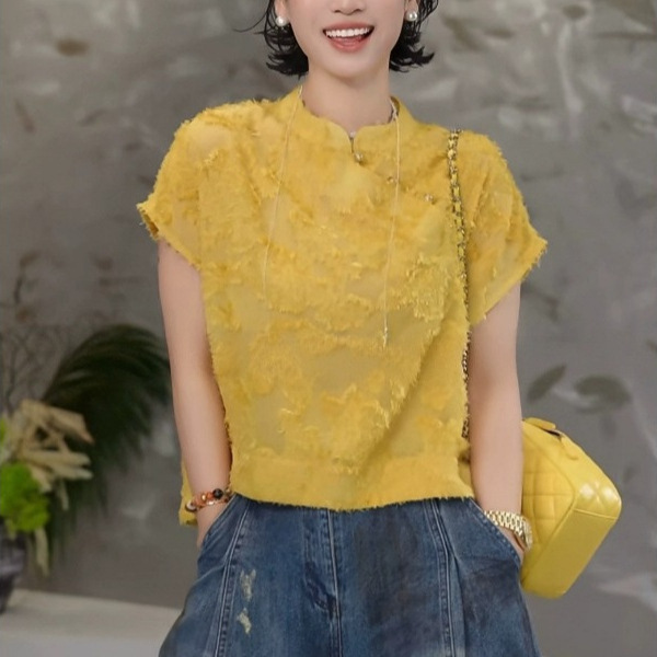 New Chinese Style National Style Lace Embroidery Diagonal Collar Buttoned Short-Sleeved Shirt for Women Summer Retro Fashion Sleeveless Blouse Top New Chinese Style National Style Lace Embroidery Diagonal Collar Buttoned Short-Sleeved Shirt for Women Summer Retro Fashion Sleeveless Blouse Top