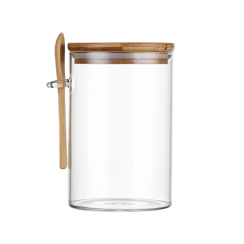 Tarro de almacenamiento de vidrio borosilicato para el hogar con cuchara de vidrio transparente redondo tarro de té