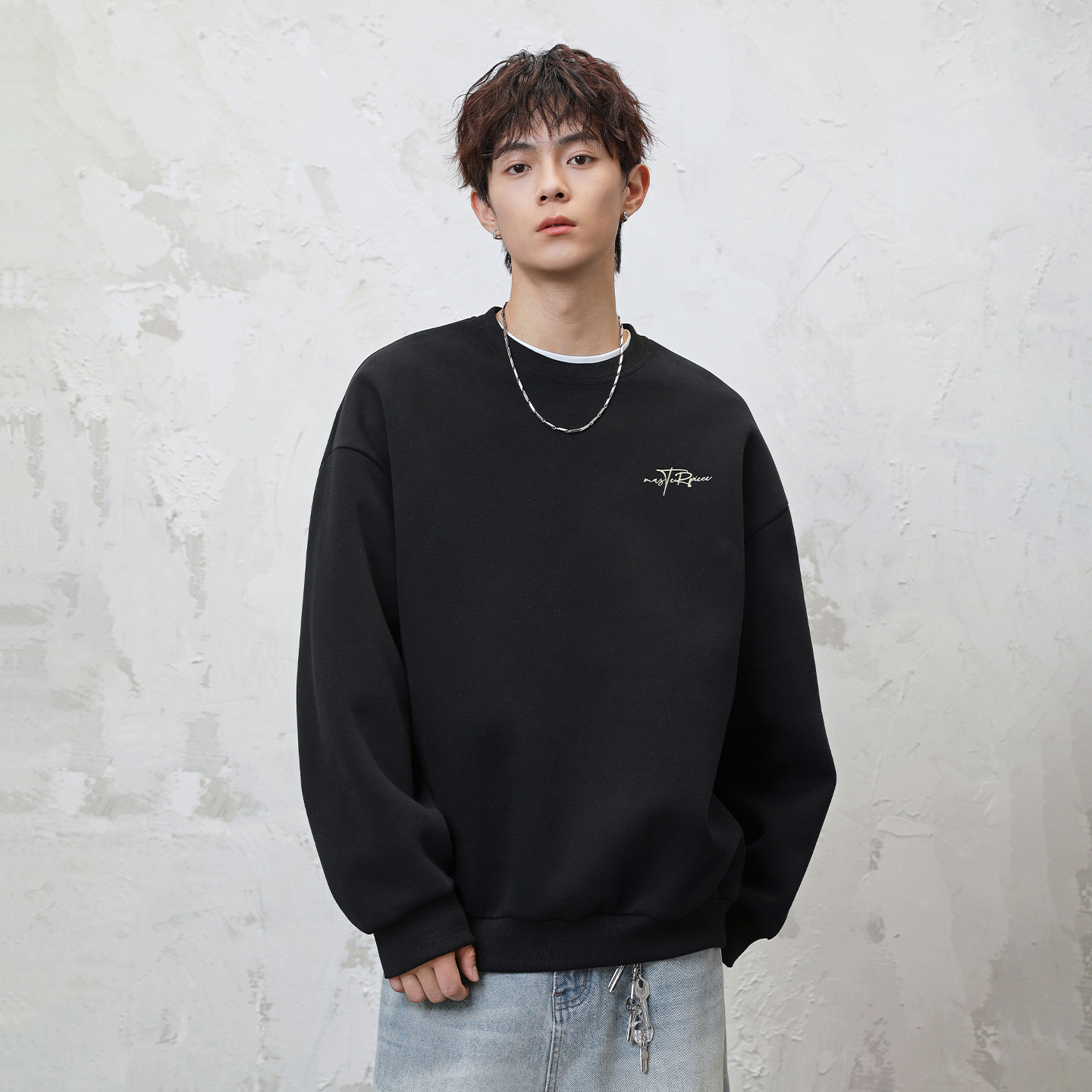 Monochrome Man- 380G Heavyweight Textured Crew Neck Sweatshirt For Men, Autumn New Color-Block Letter Print Trendy Loose Pullover Jacket_voghion.com