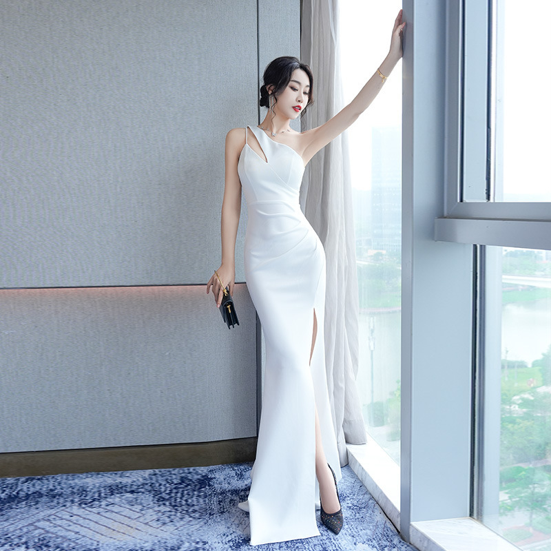 Night store elegant beauty strap long evening dress night club sexy sheath one-shoulder high-end dress