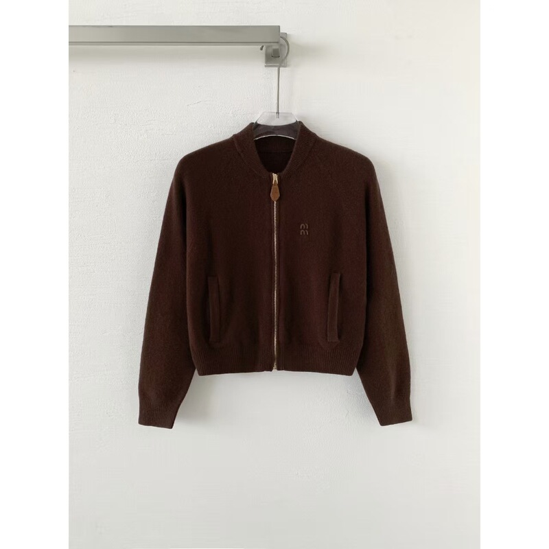 King's Impression Autumn New Stand Collar Letter Embroidery Leather Badge Slim Fit Zipper Knitted Cardigan for Women