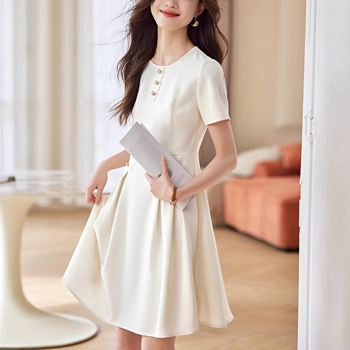 Summer intellectual waist dress women's 2025 new solid color elegant neat tailoring pleated elegant fashion dress
