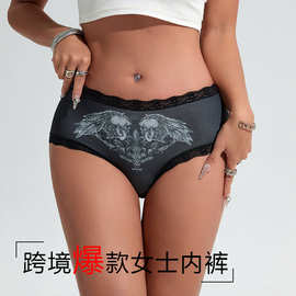 跨境专供数码印花女士内裤蕾丝花边拼接款三角内裤透气中腰内裤