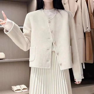 新款小香风外套圆领单排扣双面呢子大衣女设计感小个子呢子上衣女