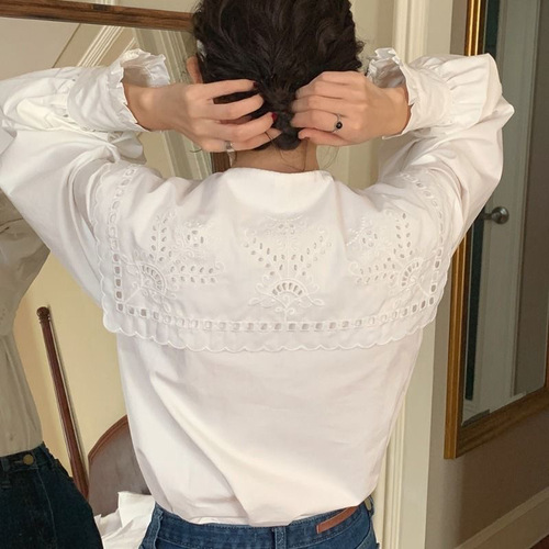 French cut-out embroidery collar single-breasted fashionable youthful white women's inner top Korean style