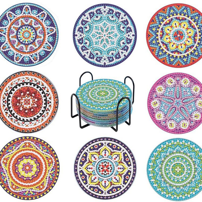 Taza de pintura de diamante personalizada almohadilla de taza de perforación completa almohadilla de aislamiento térmico redonda almohadilla de mesa de comedor de animales DIY forma especial almohadilla de taza con estante al por mayor