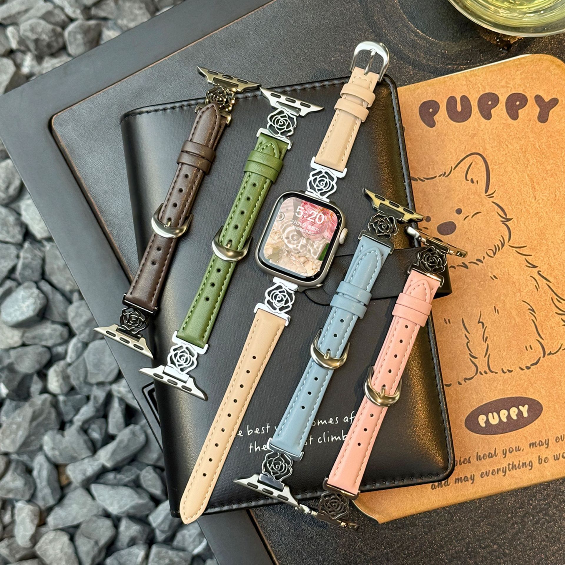 Suitable for Apple Watch 11 Strap Iwatch10/9/8/7/6 Cut Out Camellia Leather High-End Wristband for Women