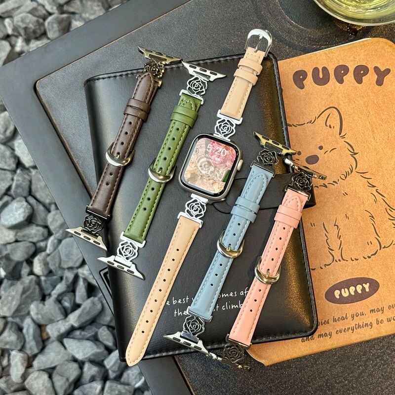 Suitable for Apple Watch 11 Strap Iwatch10/9/8/7/6 Cut Out Camellia Leather High-End Wristband for Women