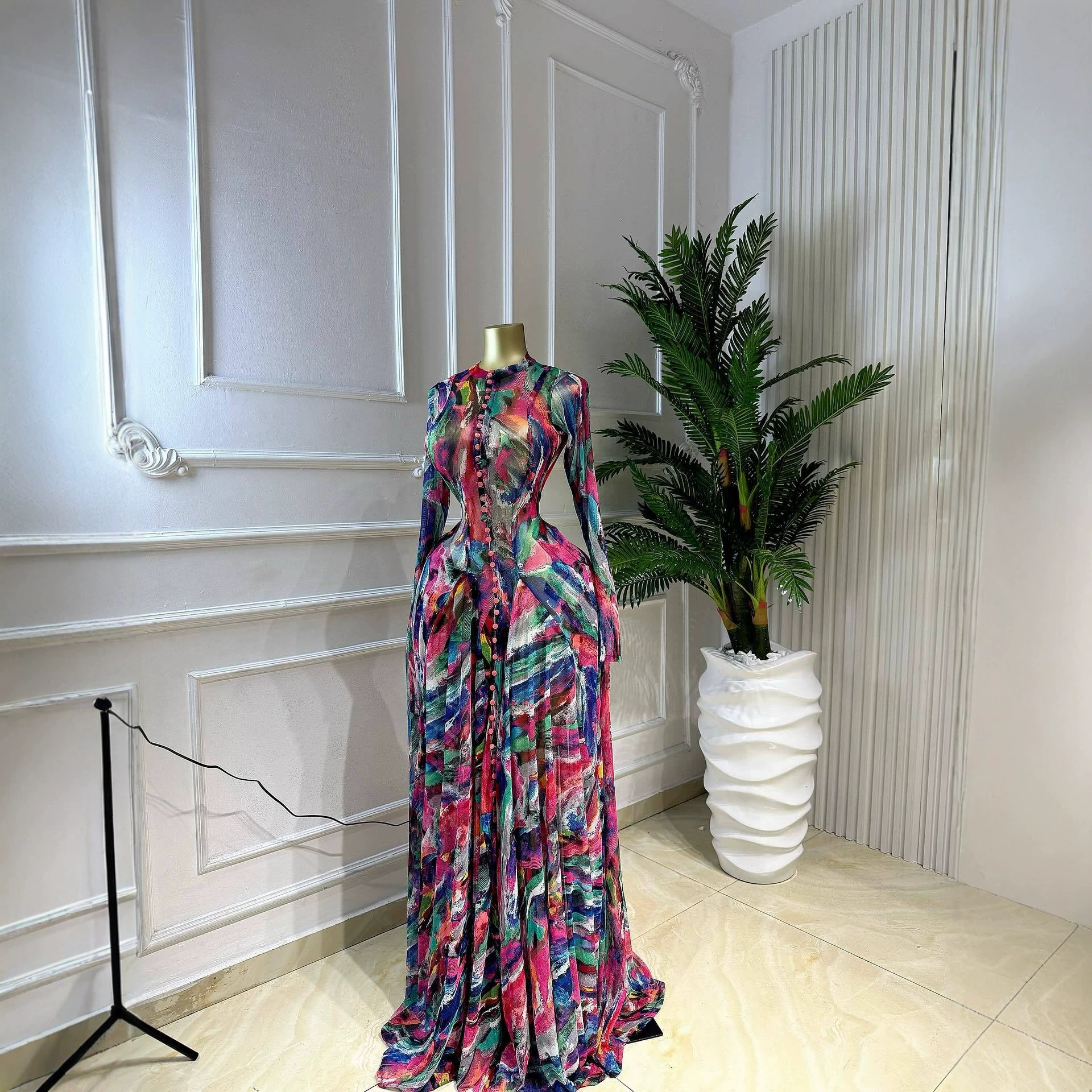 Women's Elegant Floral Maxi Dress – Long Sleeve Round Neck Bodycon Midi Dress With Fitted Waist Rsatile For Work & Events_ecoleips.com