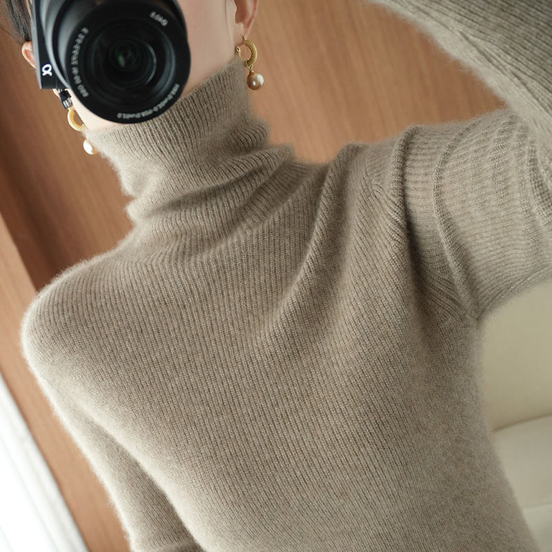 21 autumn and winter New woolen sweater women's turtleneck lapel color stripe slimming sweater 100 wool sweater thick