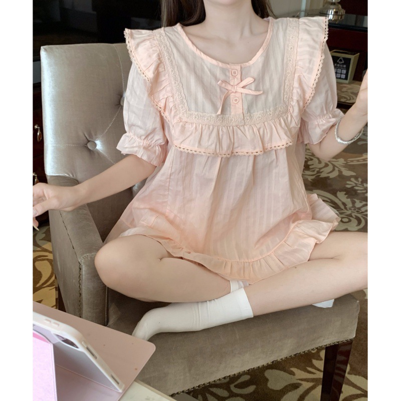 韩版甜美舒适提花全棉公主风少女可爱夏季短袖套装睡衣家居服