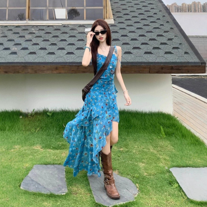 Irregular Floral Design Spaghetti Strap Dress for Women, 2026 Summer New Style, Spicy Girl Style, Waist-Cinching Mid-Length Dress, Trendy