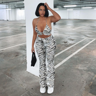 Europe and America Cross border Foreign trade Women's wear 2021 summer stripe printing Hit color Frenum jacket leisure time Broad leg trousers suit