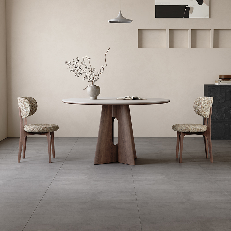 Nordic Slate Dining Table Round Table White Matte Modern Minimalist Small Apartment Wabi-Sabi Style Walnut Color Solid Wood Dining Table and Chairs
