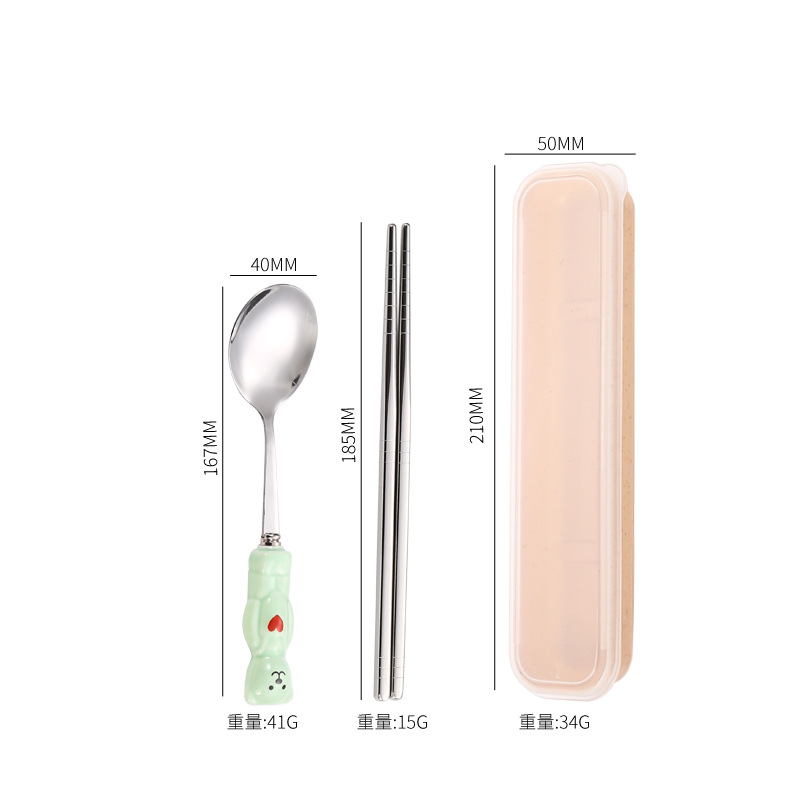 Corea del Sur ins lindo dibujos animados portátil de cerámica mango Acero inoxidable palillos Palillos vajilla hogar Bento desayuno