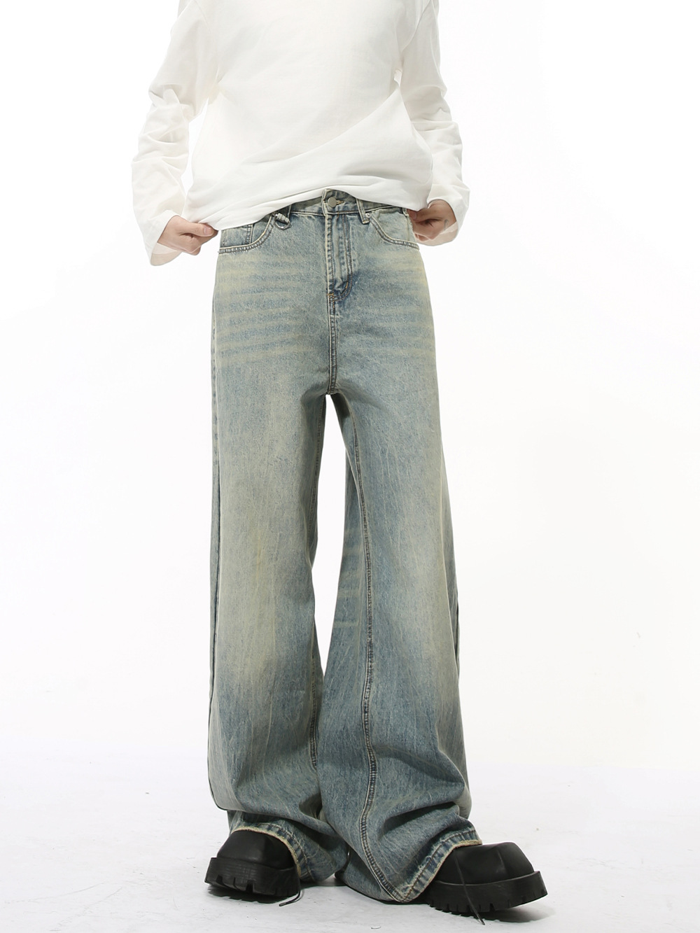 MTLCLOTHES Hombres| Meichao limpio fit nostálgico azul claro simple blanco molido suelto lavados jeans